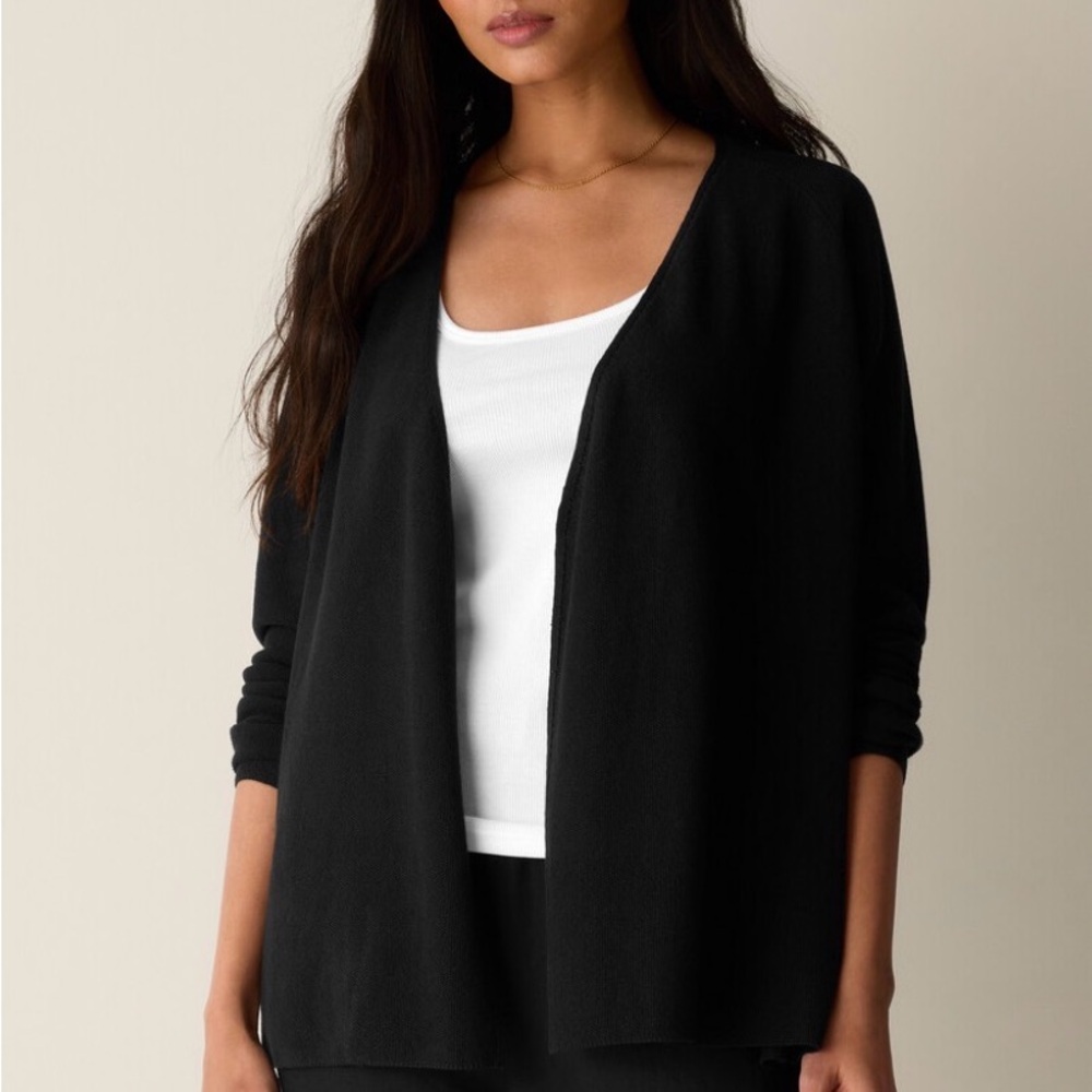 Eileen Fisher Black Open-Front 100% Wool Sweater Cardigan
